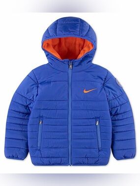 New Kids Sz 7 Nike Hooded Jacket Blue Water Resistant Midweight Faux Down Fill